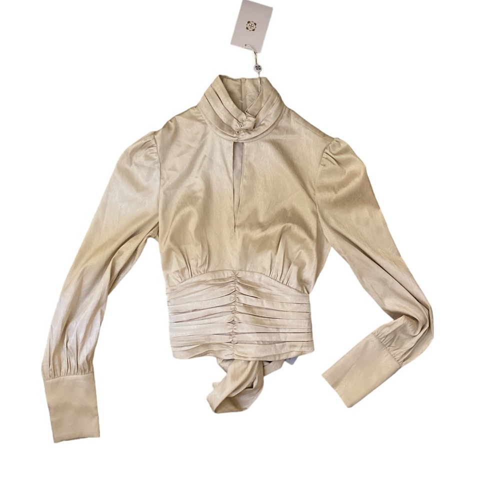 Nordstrom- WAYF cropped champagne satin mock neck blouse.